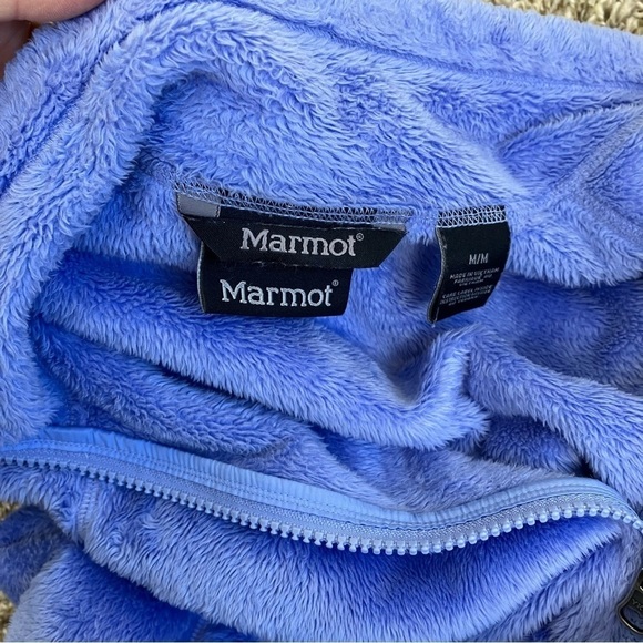 Marmot Cornflower Blue Warm Fuzzy Zip Up Fleece Jacket Mock Neck Pockets Sz M - Picture 15 of 16
